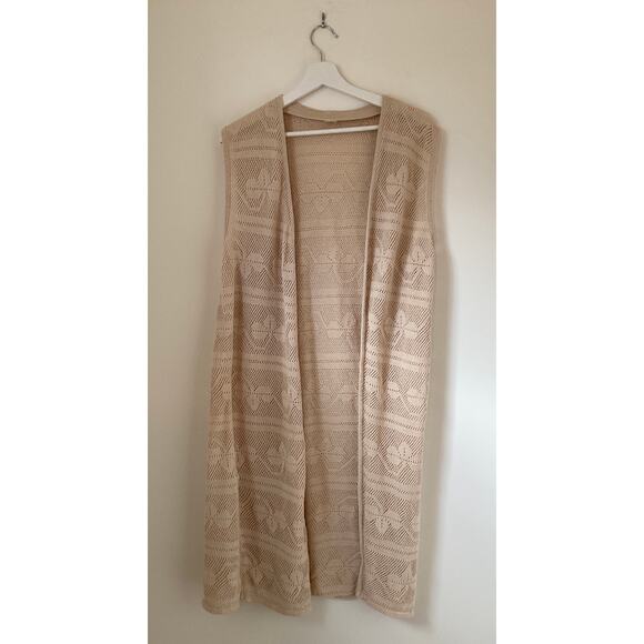 Crochet open knit long sleeveless cardigan sz M beige - Picture 6 of 8